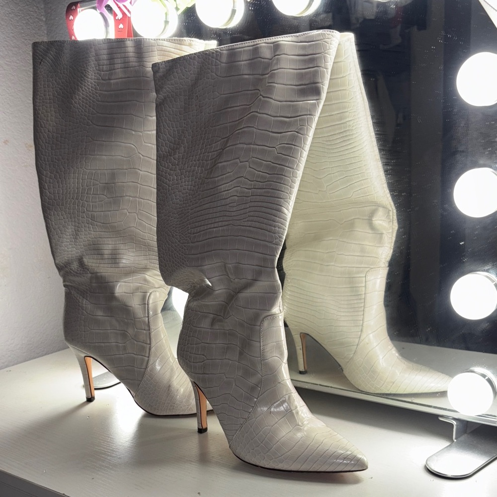 Wide calf Elegant White Croc-Embossed Knee-High Boots
